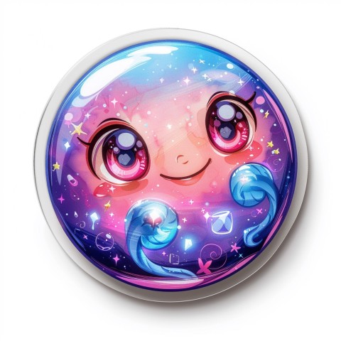 Cute Kawaii Stickers Sparkly Crystal Ball with Mystic Swirls and Knowing Smile on White Background (51)