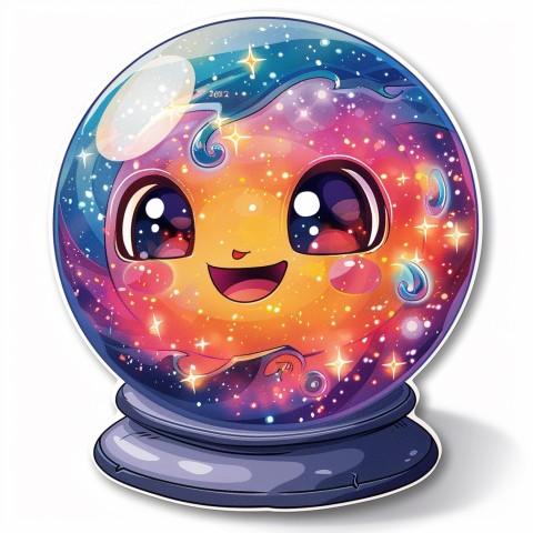 Cute Kawaii Stickers Sparkly Crystal Ball with Mystic Swirls and Knowing Smile on White Background (42)