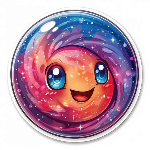 Cute Kawaii Stickers Sparkly Crystal Ball with Mystic Swirls and Knowing Smile on White Background (57)