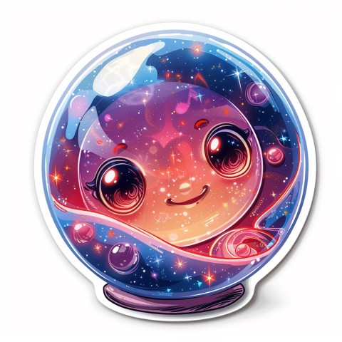 Cute Kawaii Stickers Sparkly Crystal Ball with Mystic Swirls and Knowing Smile on White Background (64)