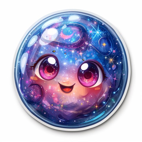 Cute Kawaii Stickers Sparkly Crystal Ball with Mystic Swirls and Knowing Smile on White Background (65)