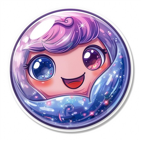 Cute Kawaii Stickers Sparkly Crystal Ball with Mystic Swirls and Knowing Smile on White Background (74)