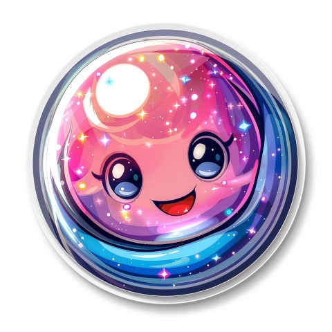 Cute Kawaii Stickers Sparkly Crystal Ball with Mystic Swirls and Knowing Smile on White Background (89)