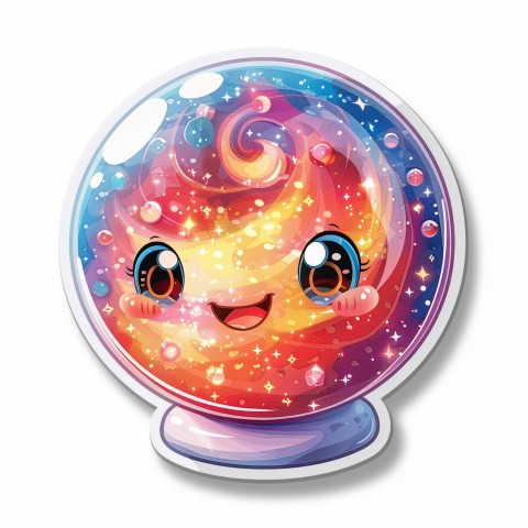 Cute Kawaii Stickers Sparkly Crystal Ball with Mystic Swirls and Knowing Smile on White Background (96)