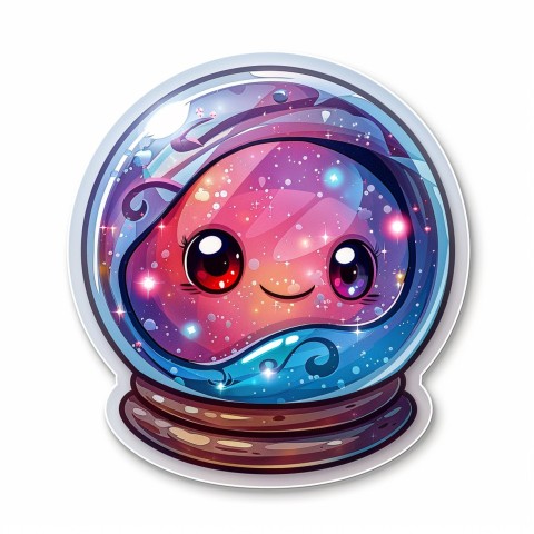 Cute Kawaii Stickers Sparkly Crystal Ball with Mystic Swirls and Knowing Smile on White Background (84)