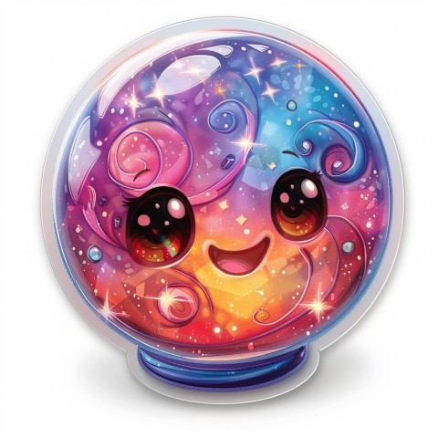 Cute Kawaii Stickers Sparkly Crystal Ball with Mystic Swirls and Knowing Smile on White Background (87)