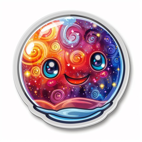 Cute Kawaii Stickers Sparkly Crystal Ball with Mystic Swirls and Knowing Smile on White Background (100)