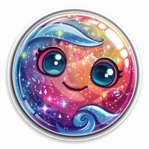 Cute Kawaii Stickers Sparkly Crystal Ball with Mystic Swirls and Knowing Smile on White Background (90)