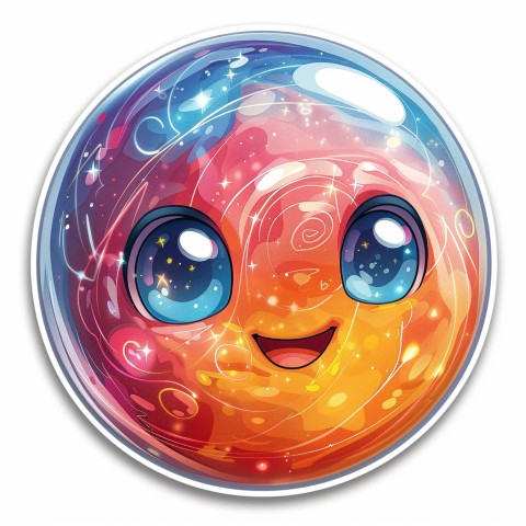 Cute Kawaii Stickers Sparkly Crystal Ball with Mystic Swirls and Knowing Smile on White Background (94)