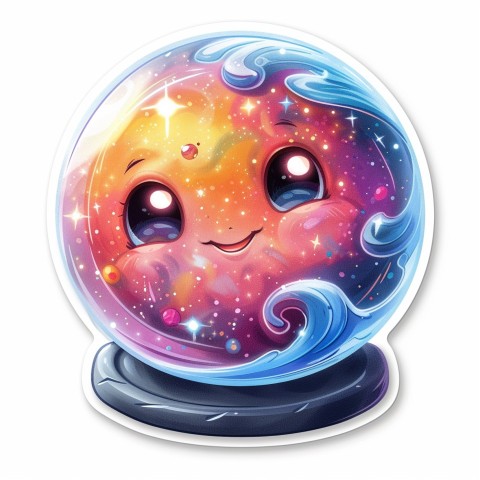 Cute Kawaii Stickers Sparkly Crystal Ball with Mystic Swirls and Knowing Smile on White Background (110)