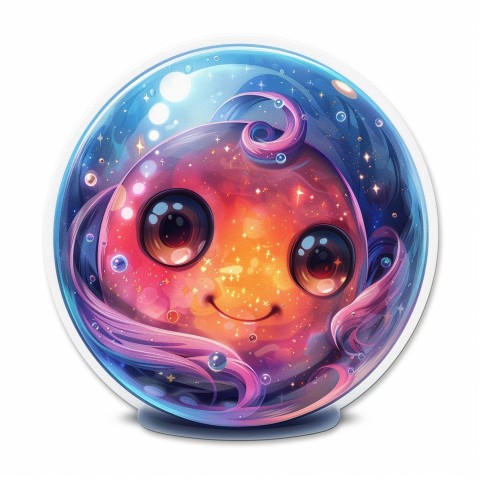 Cute Kawaii Stickers Sparkly Crystal Ball with Mystic Swirls and Knowing Smile on White Background (115)