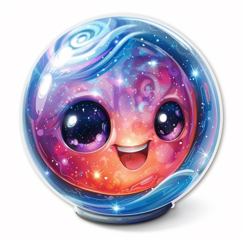 Cute Kawaii Stickers Sparkly Crystal Ball with Mystic Swirls and Knowing Smile on White Background (101)