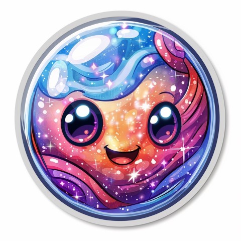 Cute Kawaii Stickers Sparkly Crystal Ball with Mystic Swirls and Knowing Smile on White Background (131)