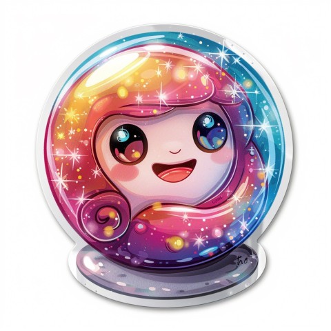 Cute Kawaii Stickers Sparkly Crystal Ball with Mystic Swirls and Knowing Smile on White Background (128)