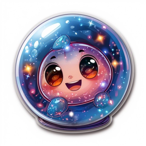 Cute Kawaii Stickers Sparkly Crystal Ball with Mystic Swirls and Knowing Smile on White Background (124)