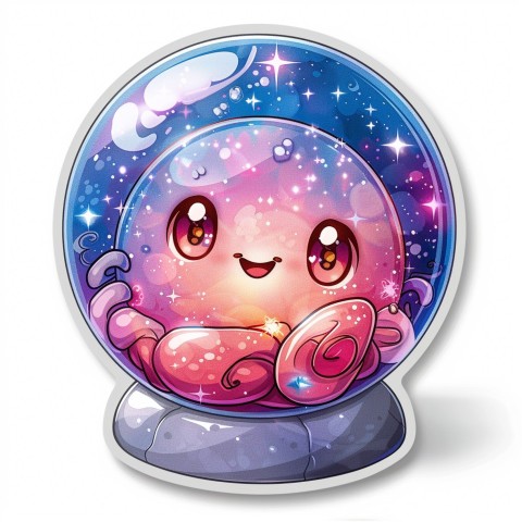 Cute Kawaii Stickers Sparkly Crystal Ball with Mystic Swirls and Knowing Smile on White Background (129)