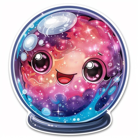 Cute Kawaii Stickers Sparkly Crystal Ball with Mystic Swirls and Knowing Smile on White Background (130)