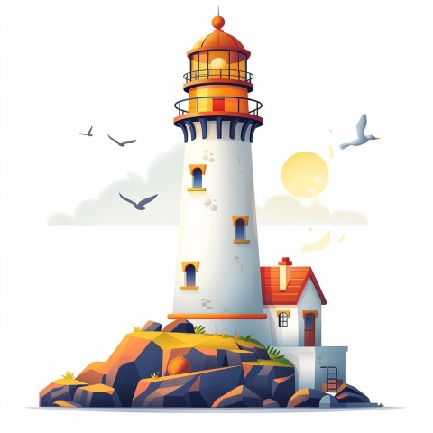 Cute Kawaii Stickers Tall Lighthouse with Winky Face on White Background (10)