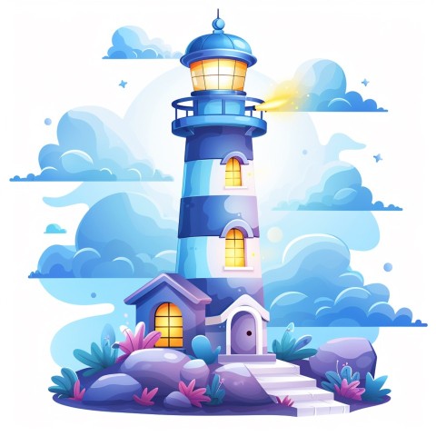 Cute Kawaii Stickers Tall Lighthouse with Winky Face on White Background (3)