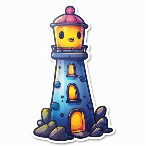 Cute Kawaii Stickers Tall Lighthouse with Winky Face on White Background (7)