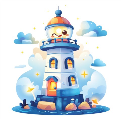 Cute Kawaii Stickers Tall Lighthouse with Winky Face on White Background (18)