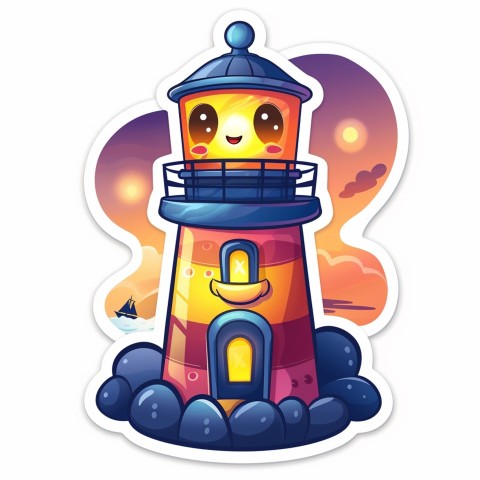 Cute Kawaii Stickers Tall Lighthouse with Winky Face on White Background (11)