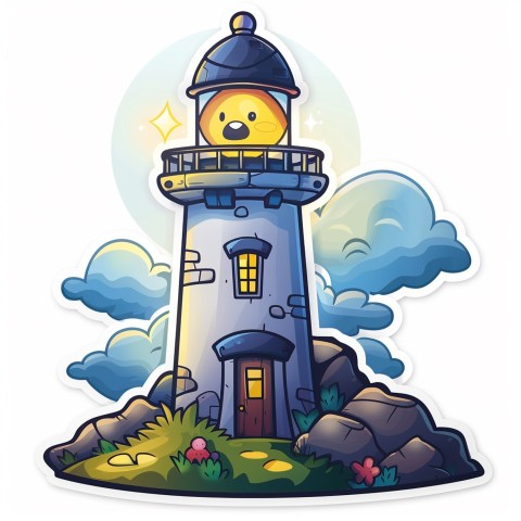 Cute Kawaii Stickers Tall Lighthouse with Winky Face on White Background (16)