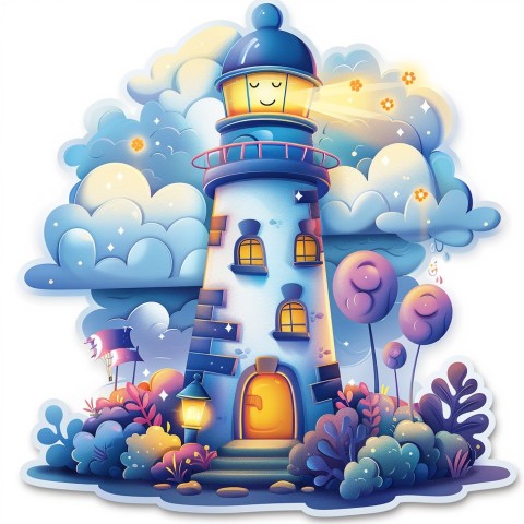 Cute Kawaii Stickers Tall Lighthouse with Winky Face on White Background (13)