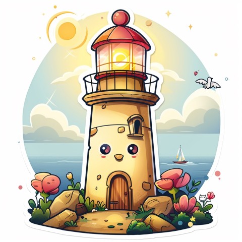 Cute Kawaii Stickers Tall Lighthouse with Winky Face on White Background (17)