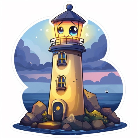 Cute Kawaii Stickers Tall Lighthouse with Winky Face on White Background (14)