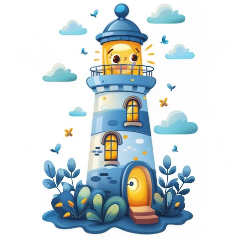 Cute Kawaii Stickers Tall Lighthouse with Winky Face on White Background (4)