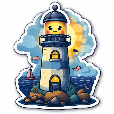 Cute Kawaii Stickers Tall Lighthouse with Winky Face on White Background (15)