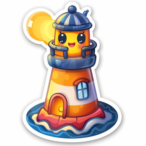 Cute Kawaii Stickers Tall Lighthouse with Winky Face on White Background (23)