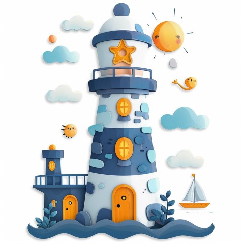 Cute Kawaii Stickers Tall Lighthouse with Winky Face on White Background (33)