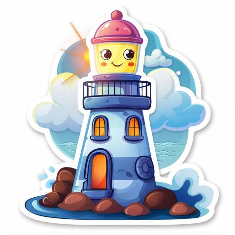 Cute Kawaii Stickers Tall Lighthouse with Winky Face on White Background (34)