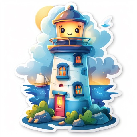 Cute Kawaii Stickers Tall Lighthouse with Winky Face on White Background (40)