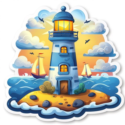 Cute Kawaii Stickers Tall Lighthouse with Winky Face on White Background (24)