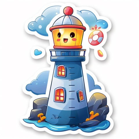 Cute Kawaii Stickers Tall Lighthouse with Winky Face on White Background (37)