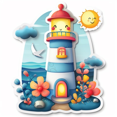 Cute Kawaii Stickers Tall Lighthouse with Winky Face on White Background (26)