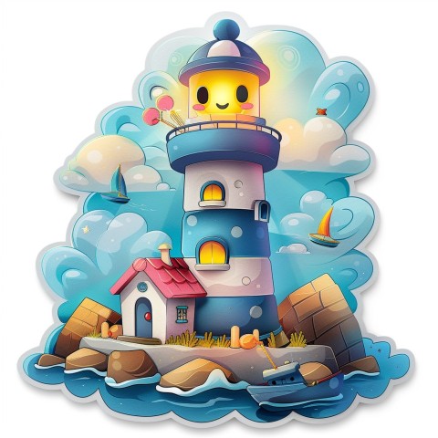 Cute Kawaii Stickers Tall Lighthouse with Winky Face on White Background (36)