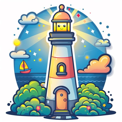 Cute Kawaii Stickers Tall Lighthouse with Winky Face on White Background (35)