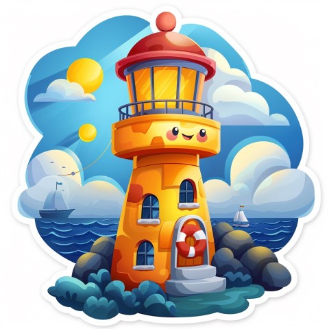 Cute Kawaii Stickers Tall Lighthouse with Winky Face on White Background (31)