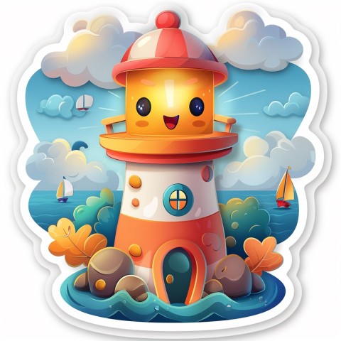 Cute Kawaii Stickers Tall Lighthouse with Winky Face on White Background (27)