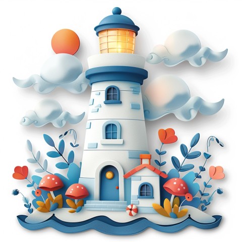 Cute Kawaii Stickers Tall Lighthouse with Winky Face on White Background (30)