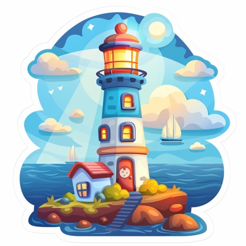 Cute Kawaii Stickers Tall Lighthouse with Winky Face on White Background (48)