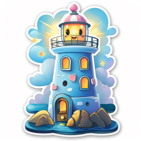 Cute Kawaii Stickers Tall Lighthouse with Winky Face on White Background (56)