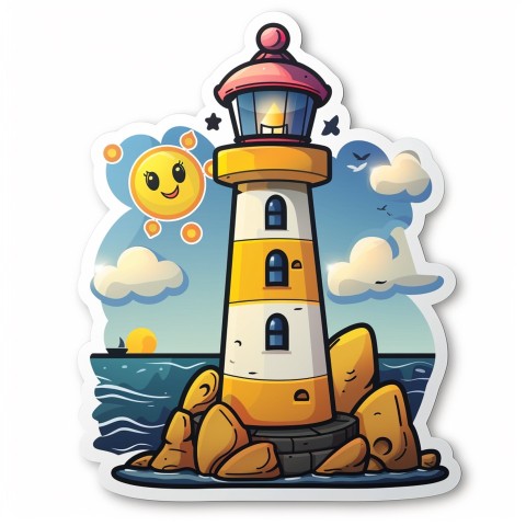 Cute Kawaii Stickers Tall Lighthouse with Winky Face on White Background (42)