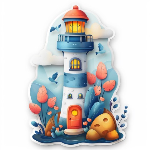 Cute Kawaii Stickers Tall Lighthouse with Winky Face on White Background (60)