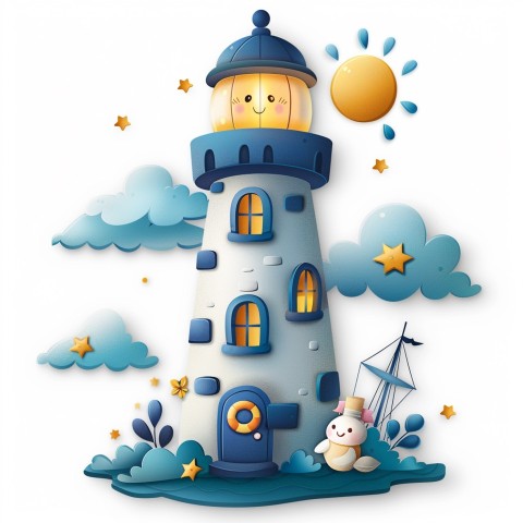 Cute Kawaii Stickers Tall Lighthouse with Winky Face on White Background (49)