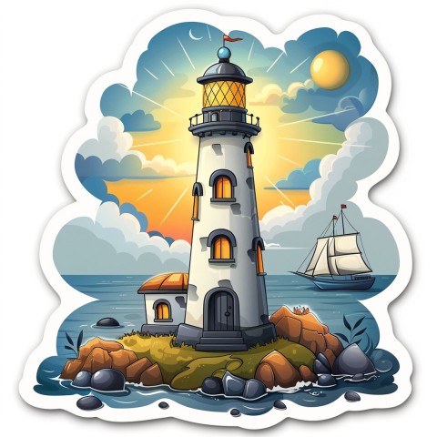 Cute Kawaii Stickers Tall Lighthouse with Winky Face on White Background (50)